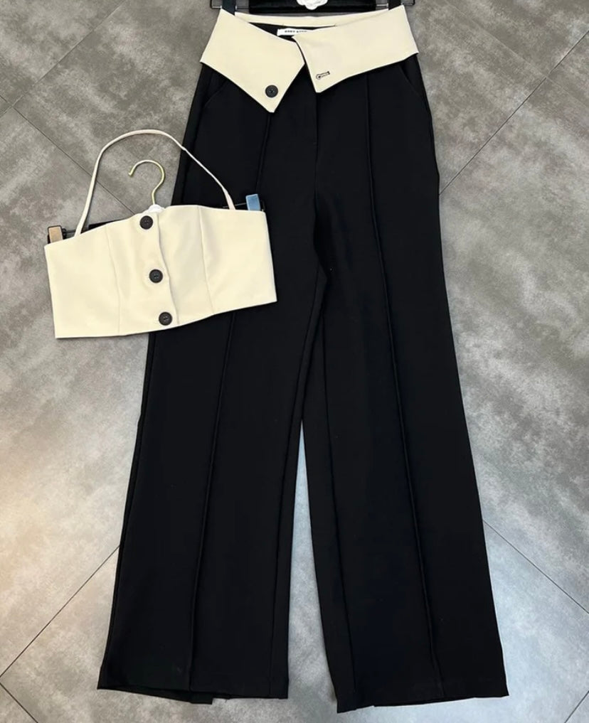 Women Two Piece Button Halter Crop Wide Leg Pant Set