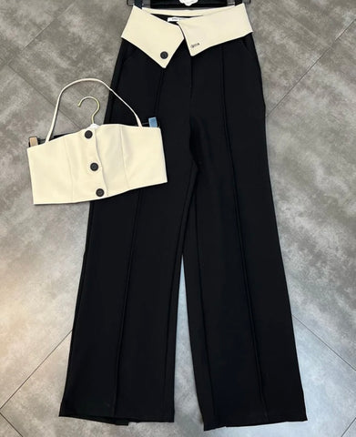 Women Two Piece Button Halter Crop Wide Leg Pant Set