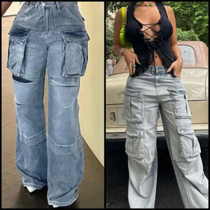Women Fashion Big Pocket Denim Pants