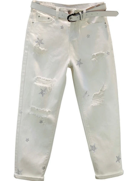 Women White Fashion Star Print Ripped Denim Pants