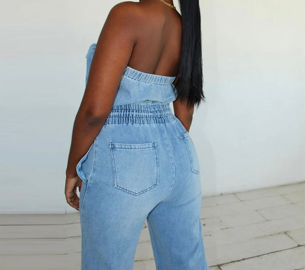 Women Sexy Strapless Pocket Denim Jumpsuit