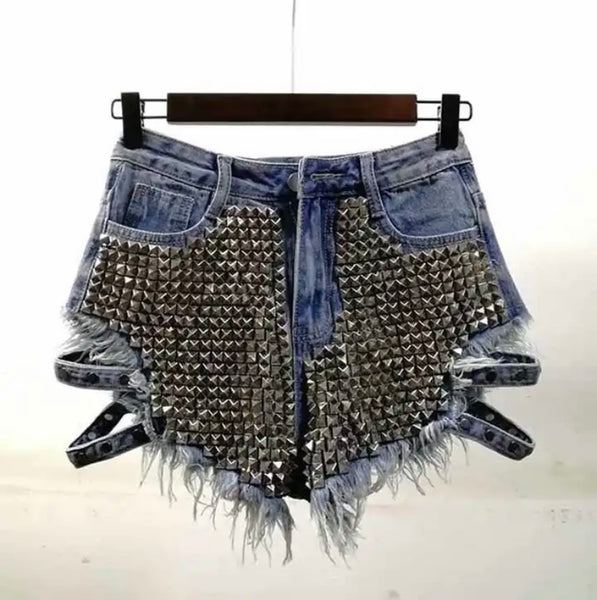 Women Rivet Fashion Ripped Denim Mini Shorts