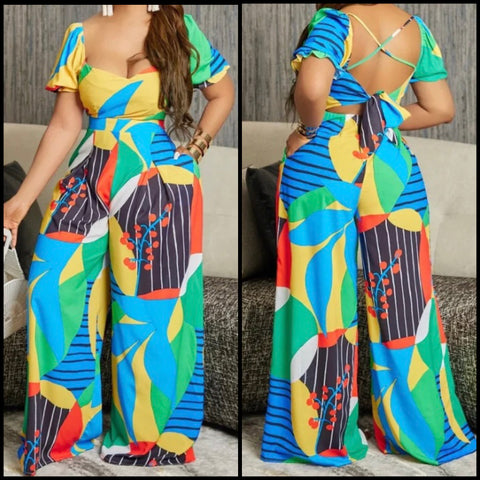 Women Printed Fashion Open Back Pocket Wide Leg Jumpsuit
