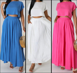 Women Solid Color Short Sleeve Two Piece Pleated Maxi Skirt Set