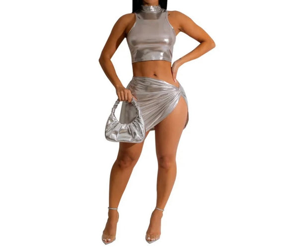 Women Silver Sexy Sleeveless PU Two Piece Skirt Set