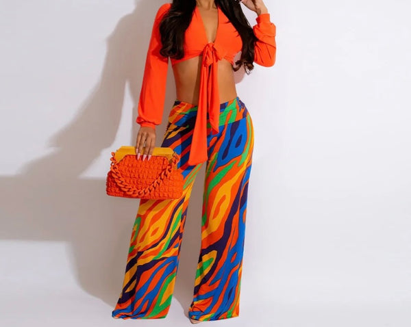 Women Full Sleeve Crop Two Piece Printed Pant Set