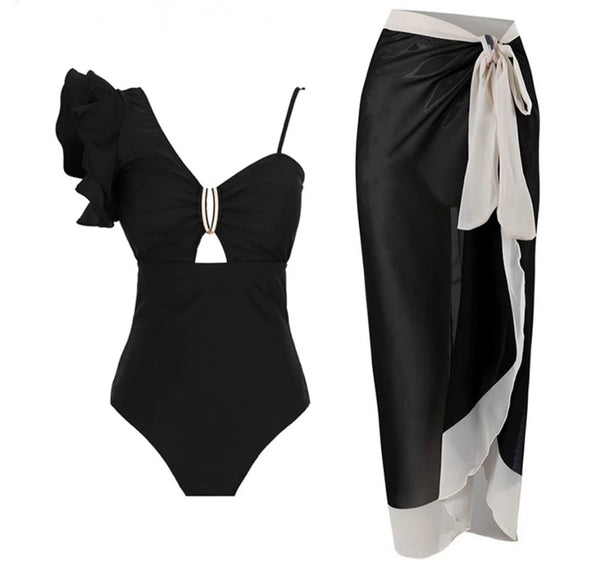 Women Ruffled Shoulder Sexy Black Swimsuit Cover Up Set