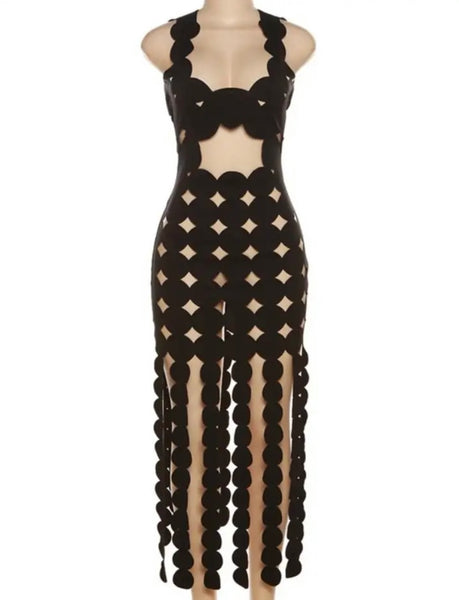 Women Black Sexy Sleeveless Hollow Out Tassel Dress