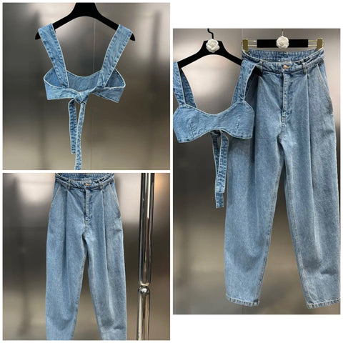 Women Sleeveless Tie Up Crop Fashion Two Piece Denim Pant Set