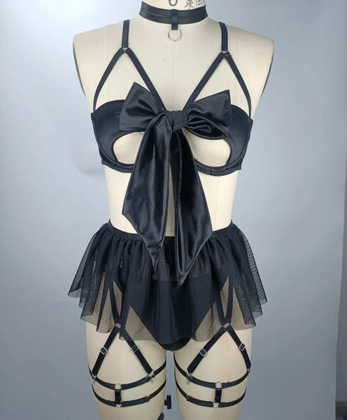 Women Sexy Bow Mesh Lingerie Set