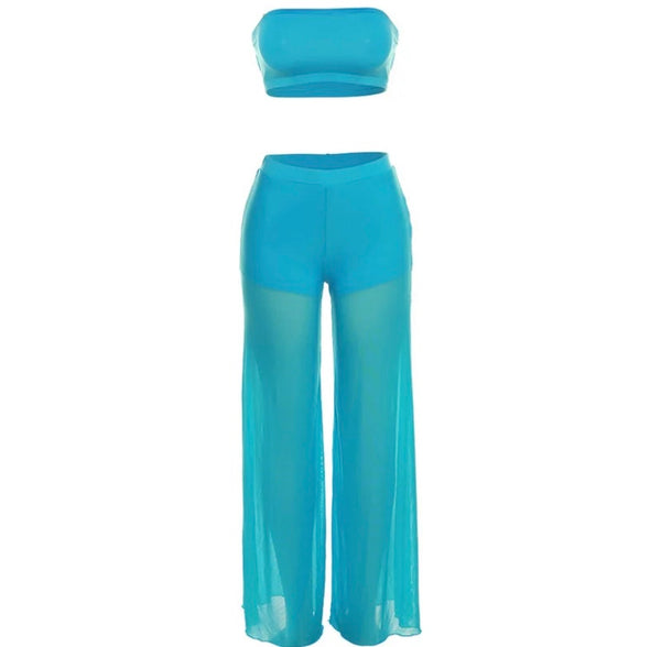 Women Sexy Solid Color Strapless Tube Top Two Piece Pant Set