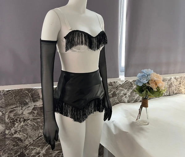 Women Sexy B&W Tassel Glove Lingerie Set