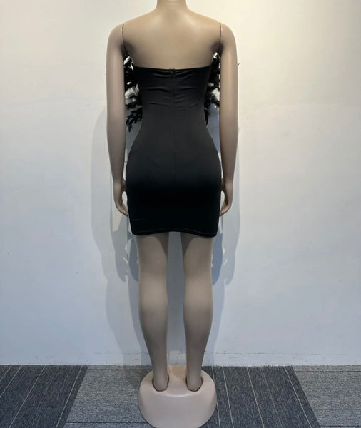 Women Sexy Feather Strapless Bling Mesh Patchwork Dress