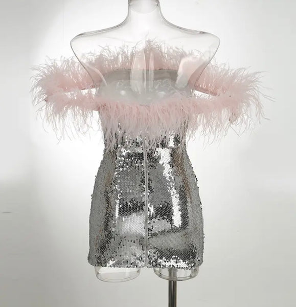 Women Sexy Feather Strapless Sequins Dress