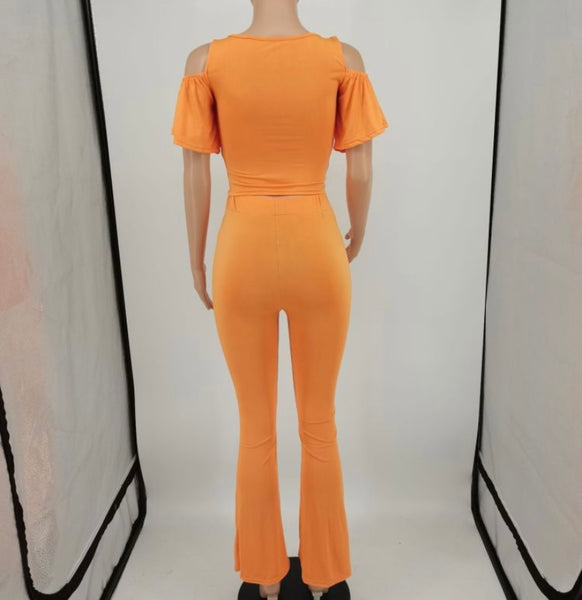 Women Solid Color Ruffled Short Sleeve Crop Two Piece Pant Set