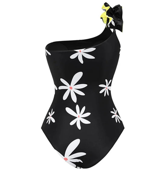 Women Sexy Black Floral Print One Shoulder Swimsuit Cover Up Set