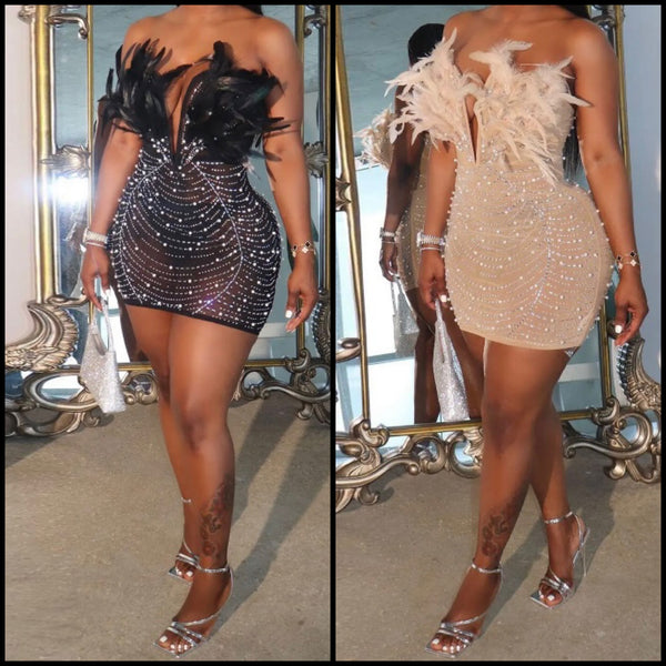 Women Feather Beaded Bling Mesh Strapless Dress