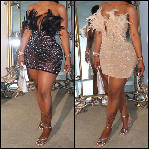 Women Feather Beaded Bling Mesh Strapless Dress