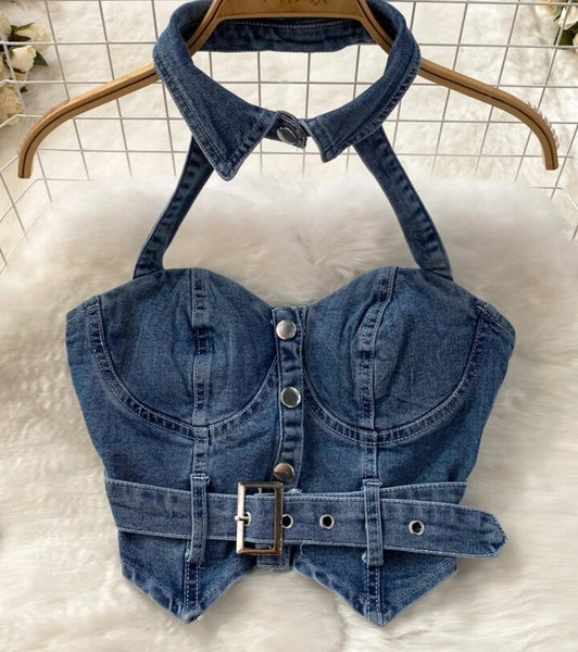 Women Halter Sleeveless Buckled Two Piece Denim Skirt Set