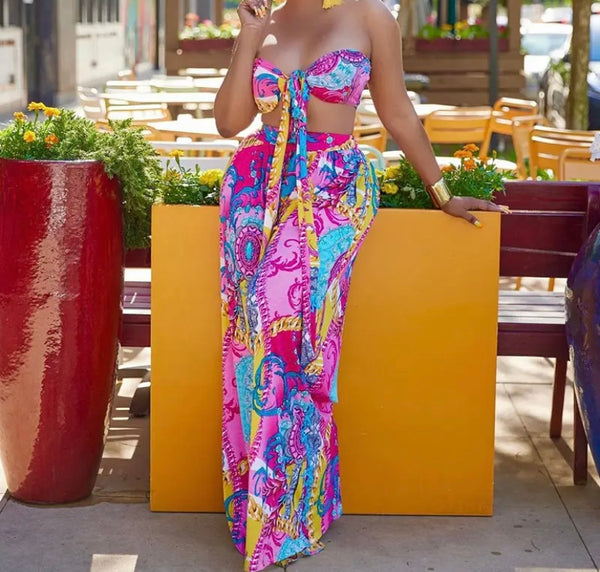 Women Sexy Strapless Multicolored Print Two Piece Wide Leg Pant Set
