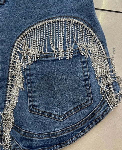Women Rhinestone Tassel Fashion Denim Shorts