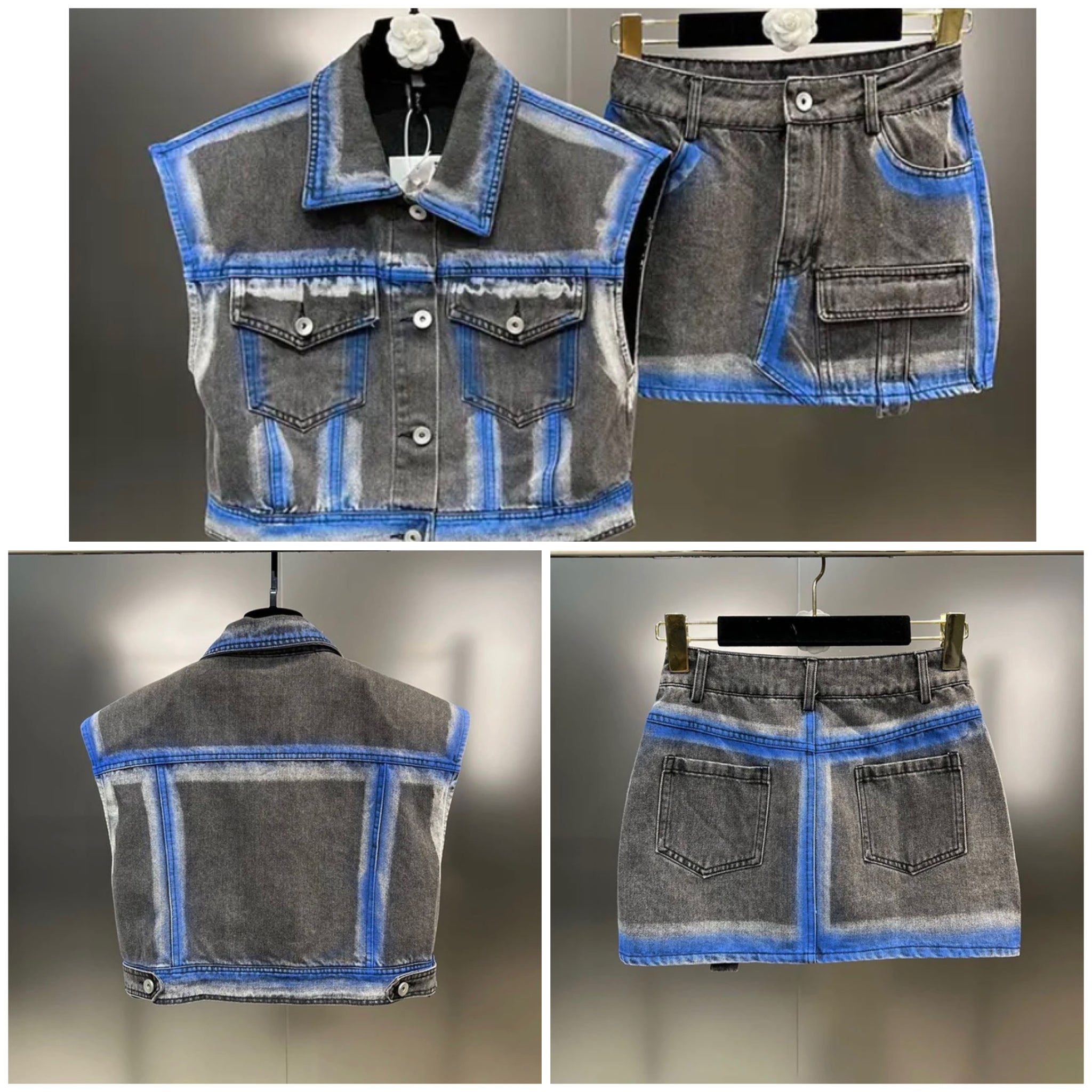 Women Sleeveless Fashion Color Patchwork Denim Vest Two Piece Skirt Set