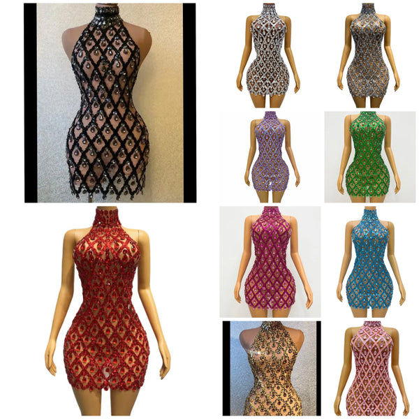 Women Sexy Sleeveless Beaded Crystal Dress