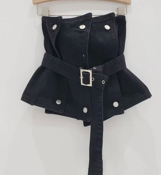 Women Fashion Strapless Button Belted Denim Crop Top