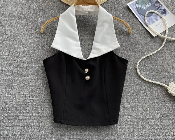 Women Fashion Collar B&W Halter Crop Top