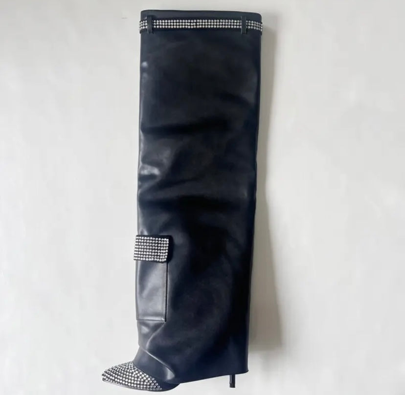 Women Bling High Heel Pocket Knee High Boots