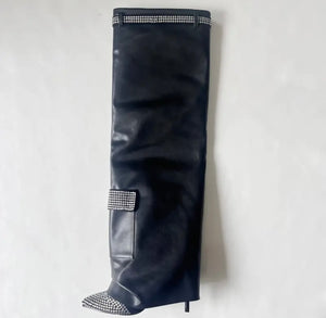 Women Bling High Heel Pocket Knee High Boots