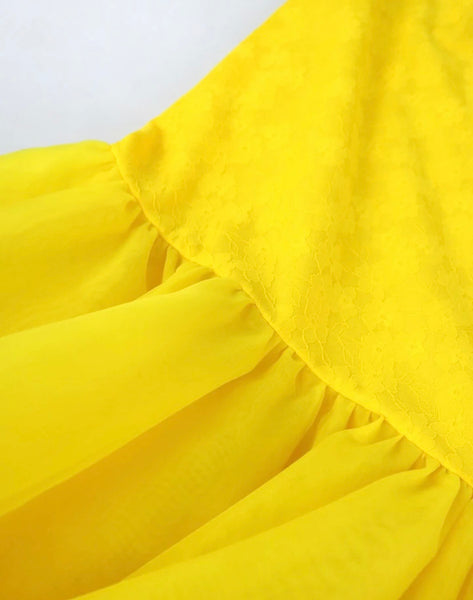 Women Sexy Yellow Lace Ruffled Mesh Dress