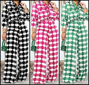 Women Printed Button Up Full Sleeve Two Piece Wide Leg Pant Set
