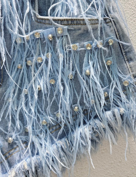 Women Rhinestone Feather Fashion Denim Shorts