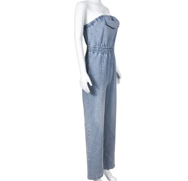 Women Sexy Strapless Pocket Denim Jumpsuit