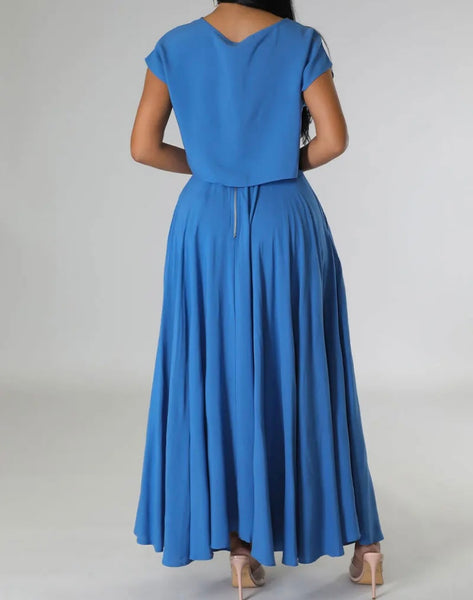 Women Solid Color Short Sleeve Two Piece Pleated Maxi Skirt Set