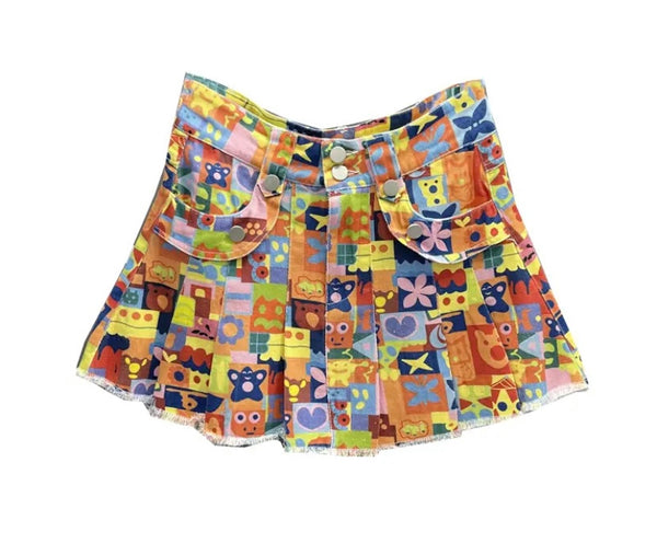 Women Fashion Cartoon Print Denim Skirt