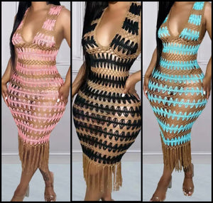 Women Sexy Knitted Tassel Sleeveless See Through Dress