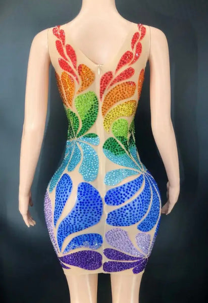 Women Sexy Sleeveless Mesh Colorful Beaded Dress
