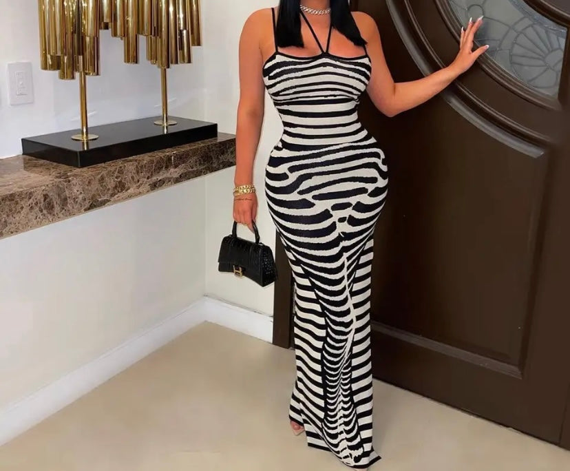 Women Sexy Striped Halter Maxi Dress