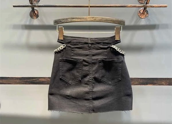 Women Fashion Chain Cut Out Denim Ripped Skirt