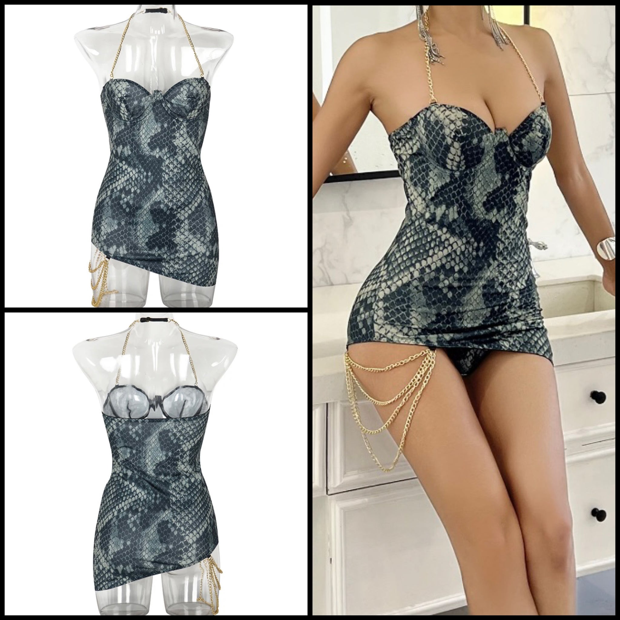 Women Sexy Sleeveless Chain Animal Print Lingerie Set