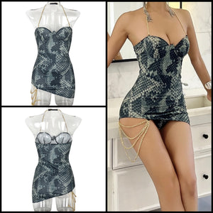 Women Sexy Sleeveless Chain Animal Print Lingerie Set