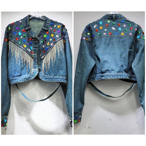 Women Fashion Colorful Crystal Tassel Denim Jacket