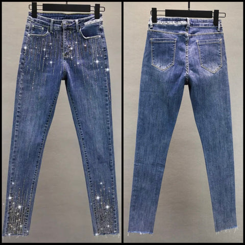 Women Rhinestone Patchwork Fashion Denim Pants
