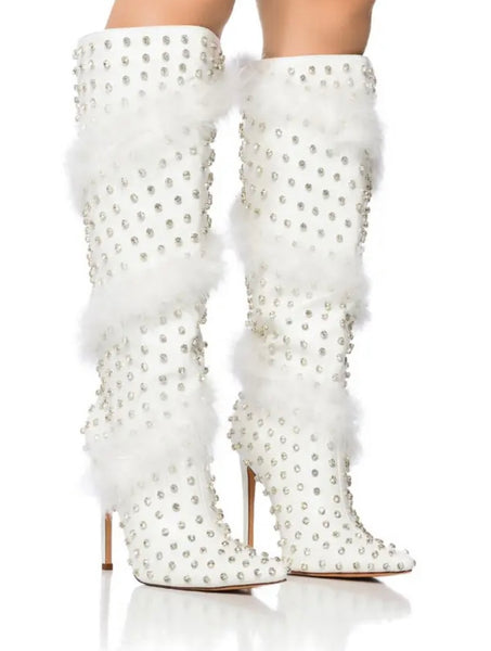Women Bling Faux Fur Pointed Toe Knee High Boots