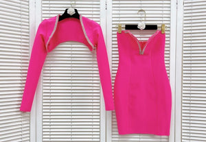 Women Bling Patchwork Pink Sexy Two Piece Dress Set