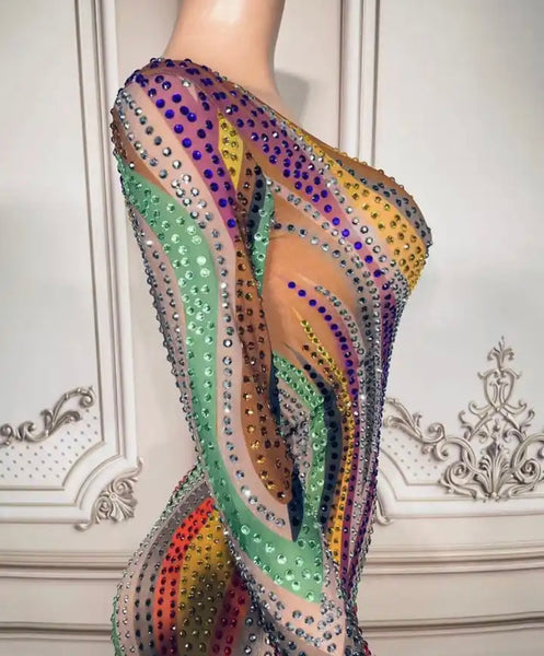 Women Sexy Full Sleeve Mesh Colorful Rhinestone Printed Dress