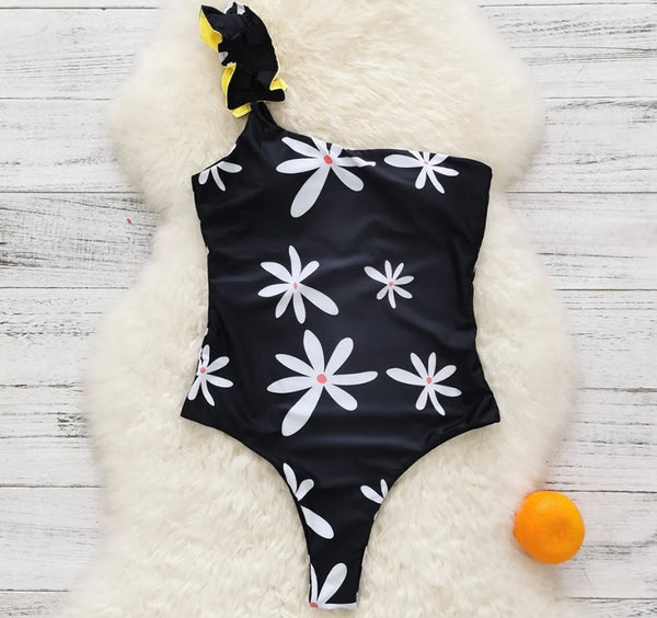 Women Sexy Black Floral Print One Shoulder Swimsuit Cover Up Set