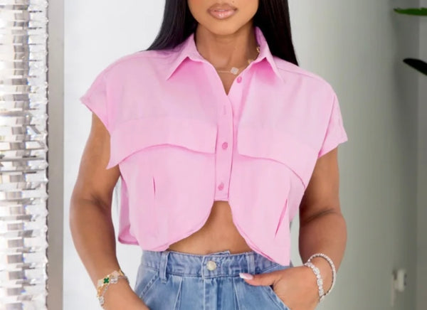 Women Solid Color Button Up Short Sleeve Fashion Crop Top